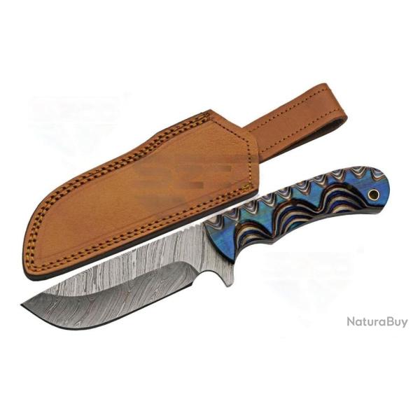 Couteau Bowie Damas 256 Couches Blue River Hunter Manche Bois Etui Cuir DM1334