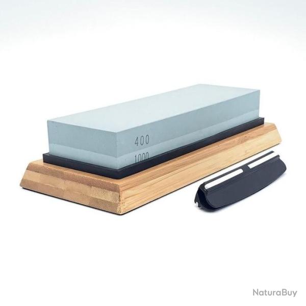 Pierre d'affutage avec support en bambou et guide lame - Grain 240 et 400