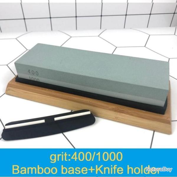 Pierre d'affutage avec support en bambou et guide lame - Grain 400 et 1000