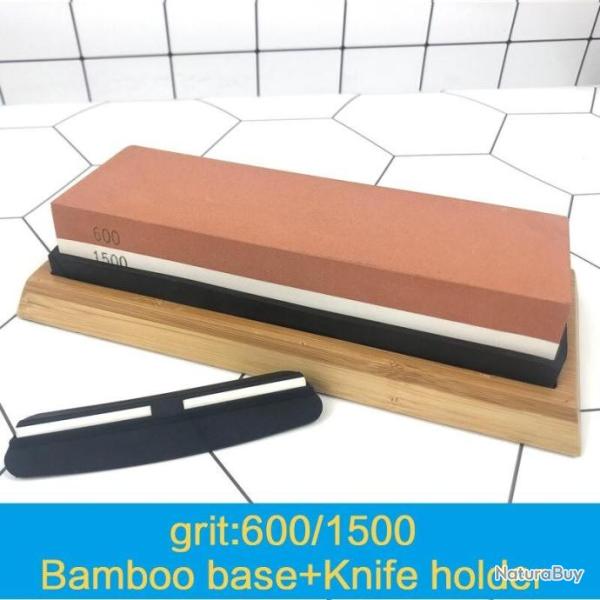 Pierre d'affutage avec support en bambou et guide lame - Grain 600 et 1500