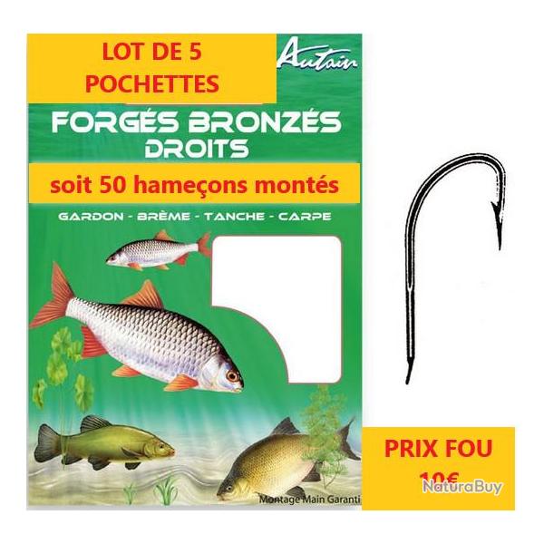 lot de 5 pochettes de 10 HAMECONS MONTES AUTAIN FORGES BRONZES DROITS N� 2/26 soit 50 P