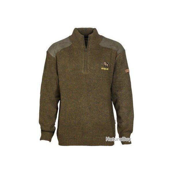 Pull zipp� col montant brod� Sanglier kaki PERCUSSION