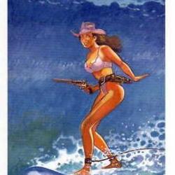 Pin up western far West jolie fille au COLT NAVY 1851 ex libris Girod sign&eacute;
