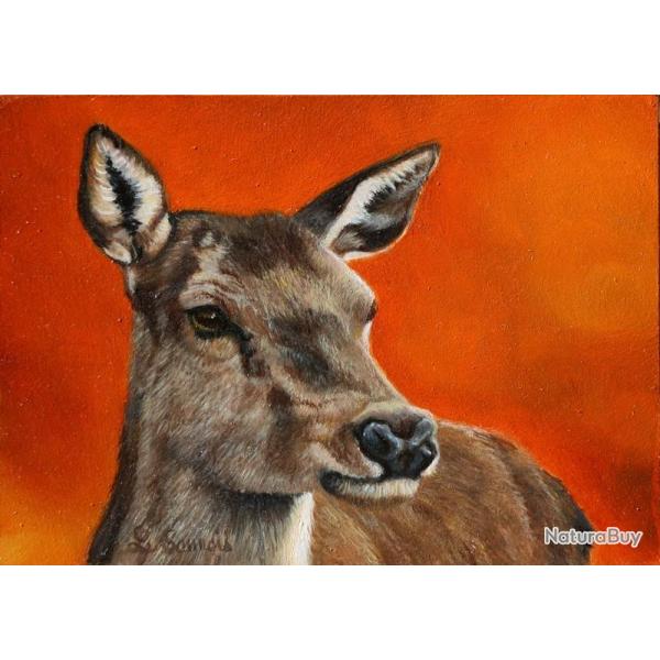 Peinture miniature originale � l'huile : Portrait de biche
