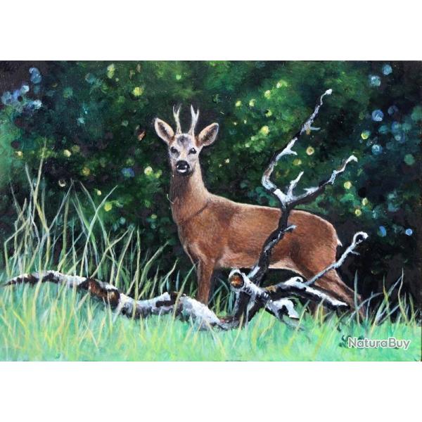 Peinture miniature originale � l'huile : Chevreuil