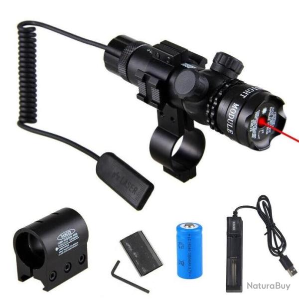 Pointeur laser rouge avec deux montages, sa batterie et son chargeur