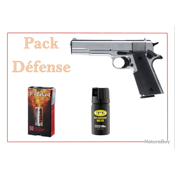 Pack PISTOLET D'ALARME COLT GOVERNEMENT 1911 A1 CAL.9 MM PAK CHROME + 50 mun + aerosol