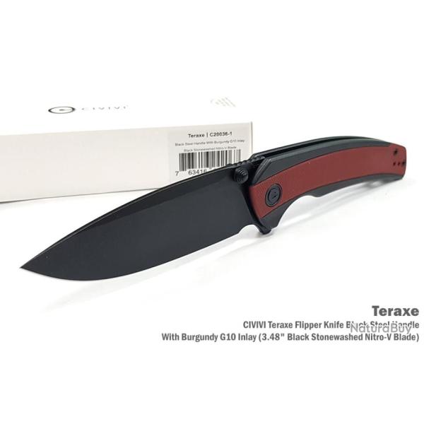 Couteau CIVIVI Teraxe Burgundy Lame Acier Nitro-V Black Stonewash Manche G10 IKBS Clip CIVC200361
