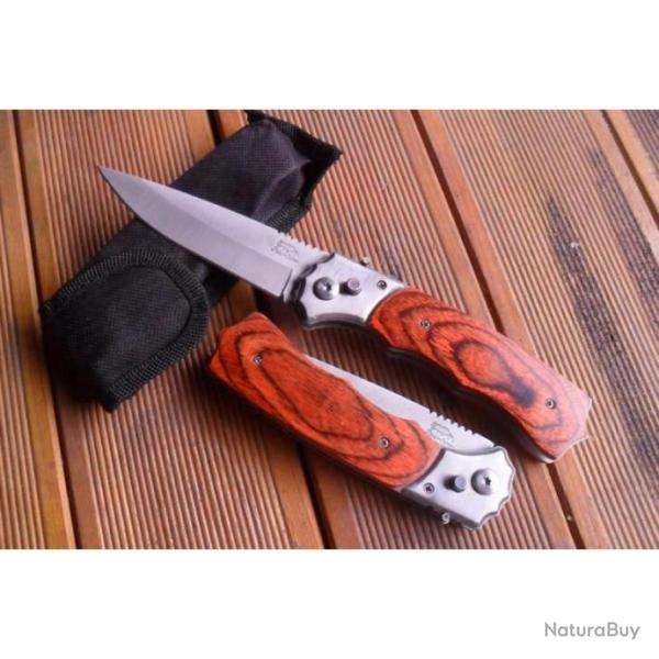 Grand Couteau Automatique Lame Acier 10 Cm Manche Bois 13 Cm Chasse P�che Bivouac
