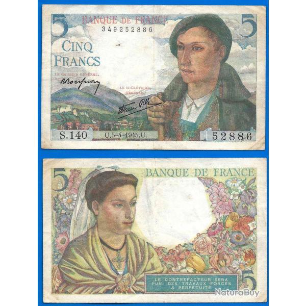 France 5 Francs 1945 Berger Billet Franc Frc Frcs