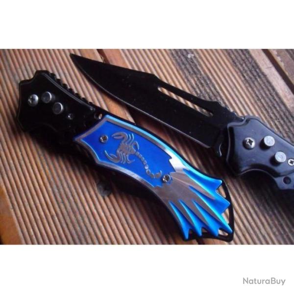 Couteau Automatique Lame Acier 10,5 Cm Manche Acier Bleu Grav� 14 Cm Chasse P�che Bivouac