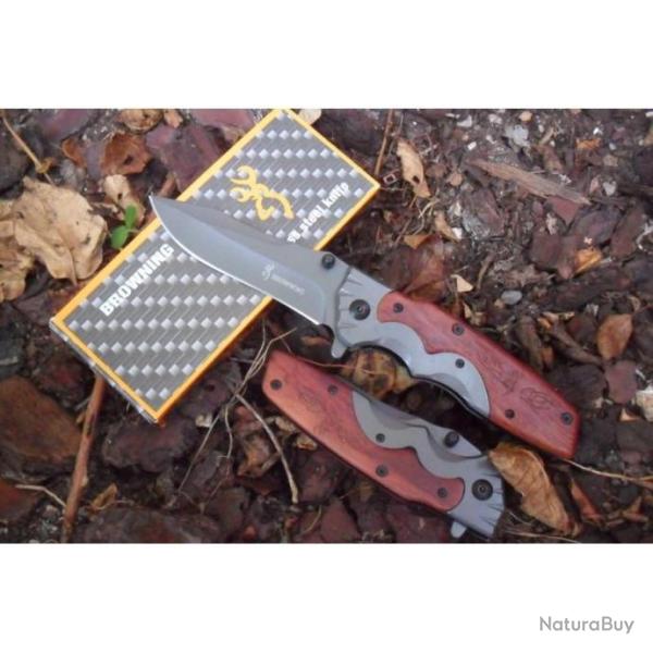 Couteau Massif Pliant Lame Acier 9,5 cm Manche Bois Grav� 12,5 cm Outdoor