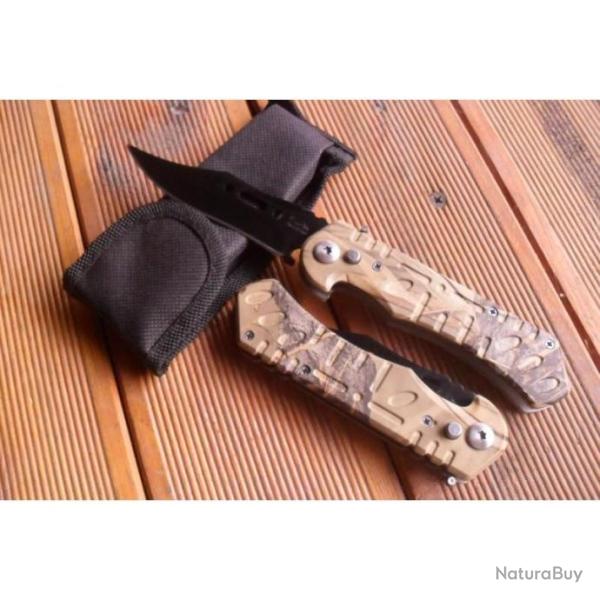 Safari Couteau Automatique Lame Acier Noir 9 Cm Manche Acier 11,5 Cm Chasse P�che Bivouac