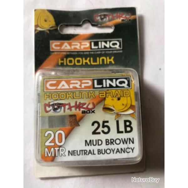 20 m de tresse � bas de ligne carpe . 25 lbs mud brown. Hooklink braid peche carpe Carplinq