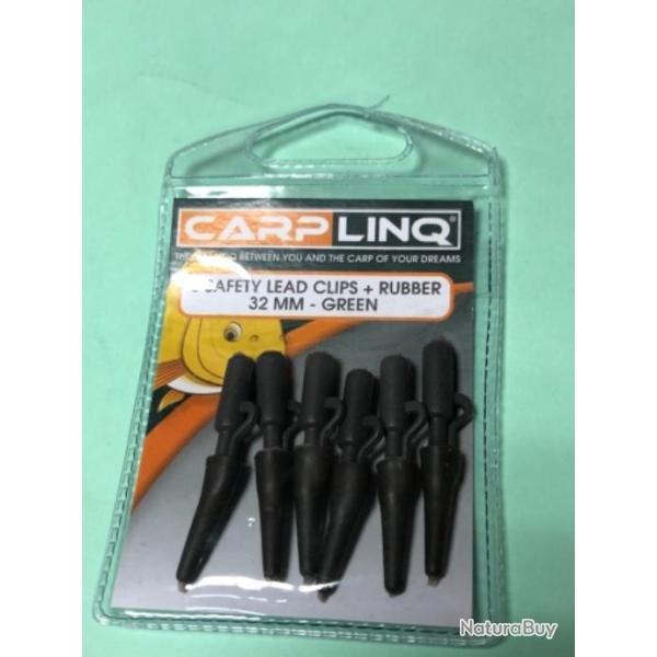 6 clip plomb plastique avec rubber tail  32 mm vert.safety lead clip. P�che carpe . Carplinq promo