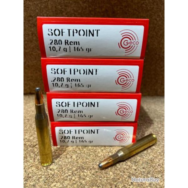 4 BOITES, 80 MUNITIONS GECO 280 REM 10.7g 165gr TEILMANTEL 1/2 BLINDEE