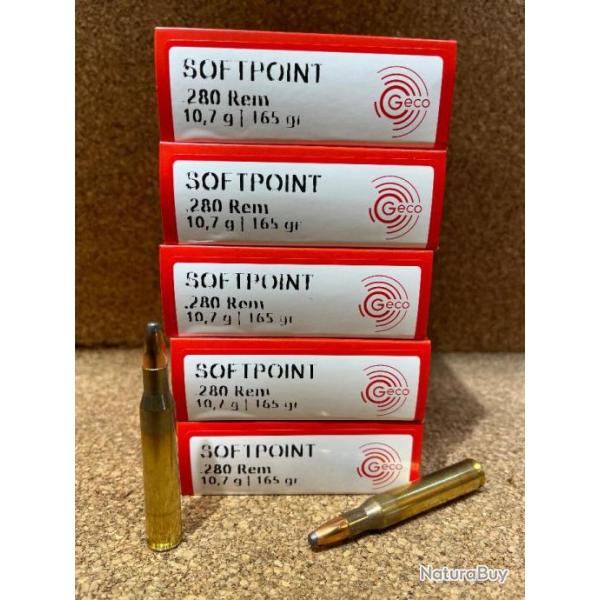 5 BOITES, 100 MUNITIONS GECO 280 REM 10.7g 165gr TEILMANTEL 1/2 BLINDEE