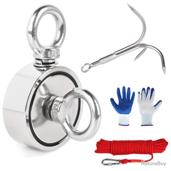 Aimant de Pche Nodyme Puissant Double Faces Combin 440KG avec 20m Corde et Gants et Grappin