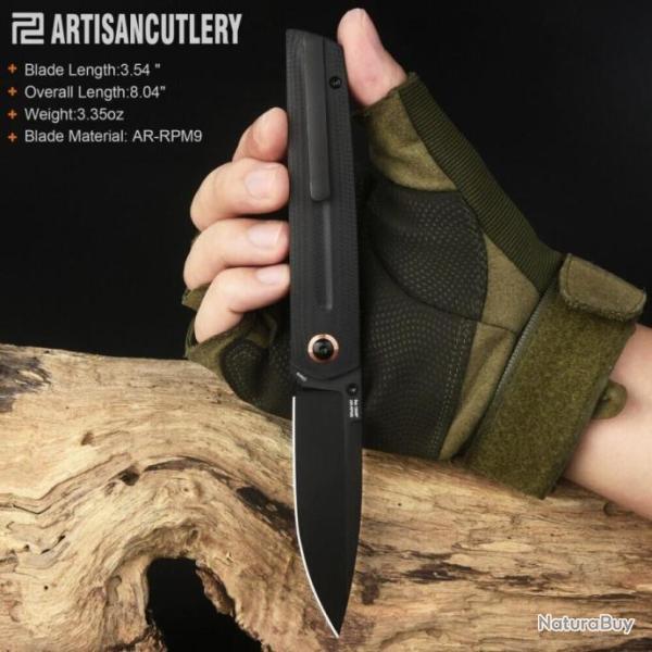 Couteau ArtisanCutlery Sirius Black Manche G10 Lame Acier AR-RPM9 Black IKBS Linerlock ATZ1849PBBK