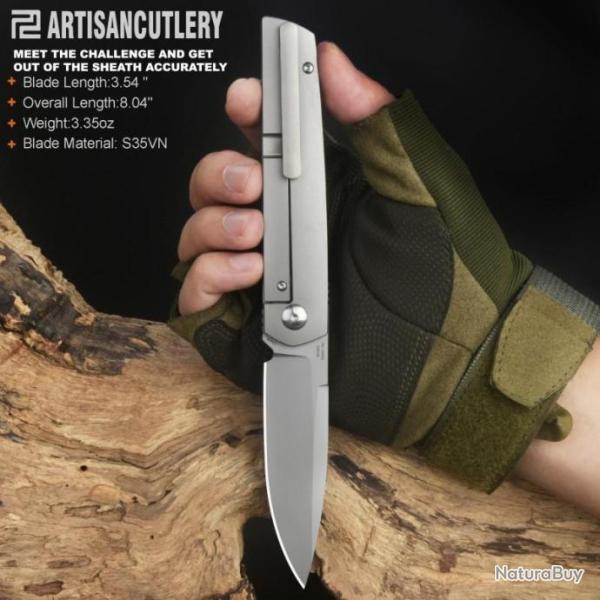 Couteau ArtisanCutlery Sirius Gray Manche Titane Lame Acier S35VN Satin IKBS Clip ATZ1849GGY