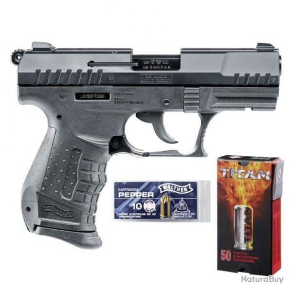 Pack Walther P22 Ready 9mm PAK Noir 50 MUNITIONS � blanc + 10 Munitions POIVRE ou CS P