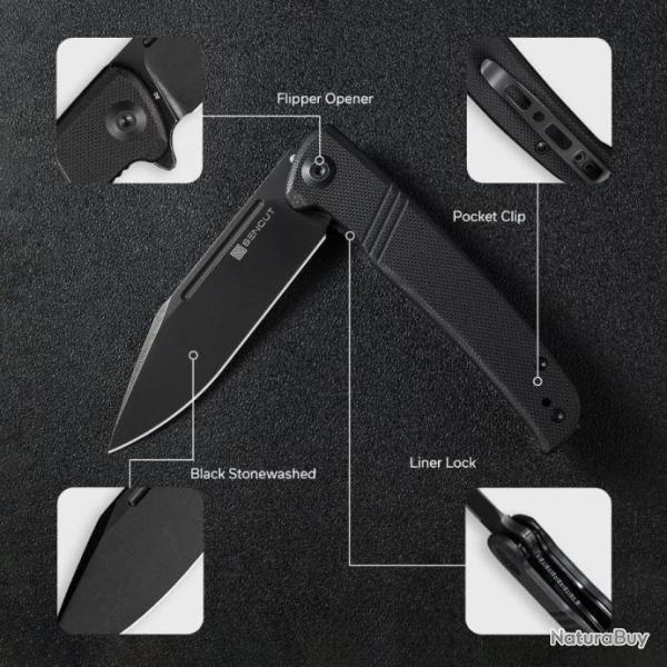 Couteau SENCUT Brazoria Black Manche G10 Lame Acier D2 Blackwash IKBS Linerlock Clip SA12A