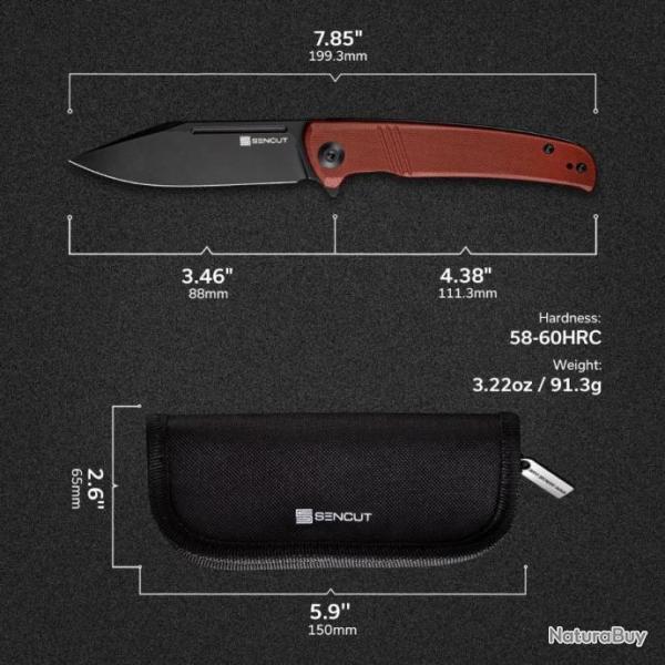 Couteau SENCUT Brazoria Burgundy Manche G10 Lame Acier D2 Blackwash IKBS Linerlock Clip SA12C