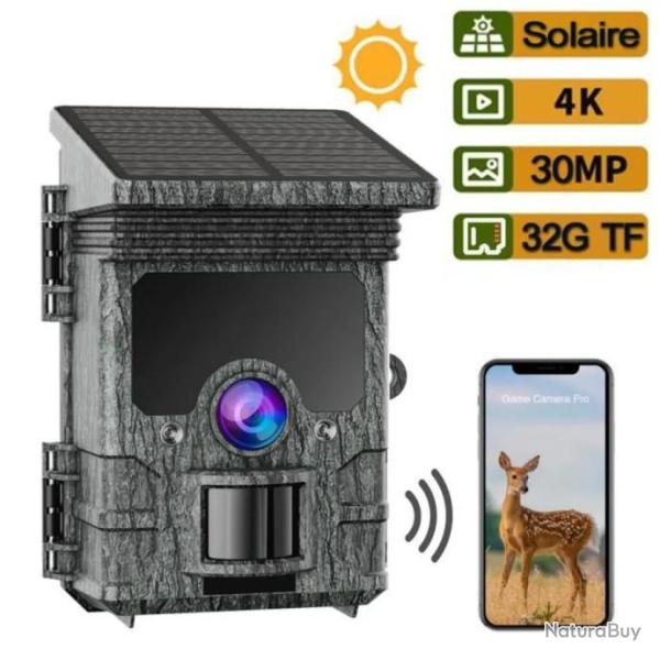 Cam�ra de chasse Pi�ges Photos 4K 30MP Wi-Fi Bluetooth avec Charge solaire Vision Nocturne infraroug