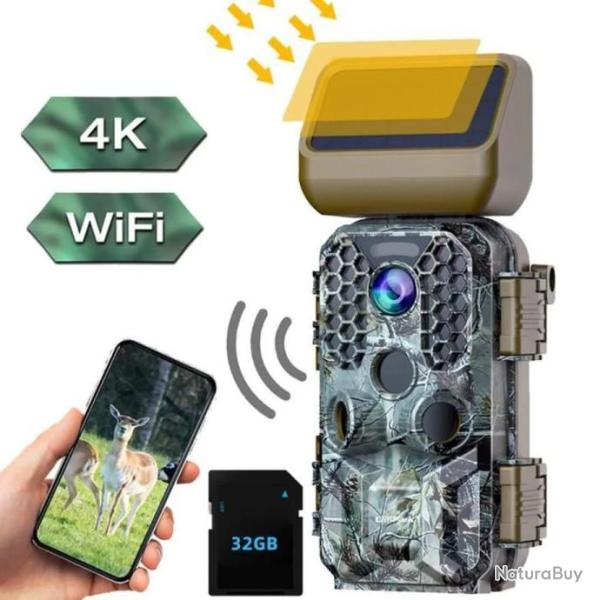 Cam�ra de Chasse Solaire 4K 30MP Cam�ra S�curit� d'ext�rieur 38pcs 850nm IR Leds Vision Nocturne