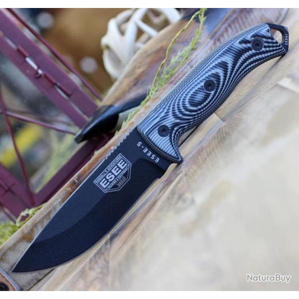Couteau ESEE Esee-5 Black Manche Gray/Black G10 Acier Carbone 1095 Etui Kydex USA ES5PB002