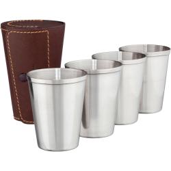 Set de gobelets en acier inoxydable dans un &eacute;tui en cuir, 4 pi&egrave;ces (Couleur: marron)