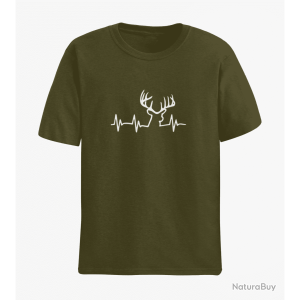 T shirt CHASSE Battement de Coeur Cerf Army Blanc