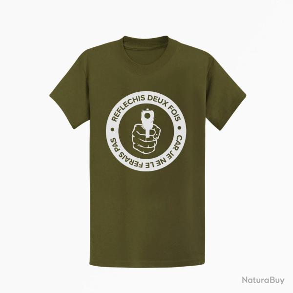 T shirt HOME DEFENSE R�fl�chis deux fois Kaki Blanc