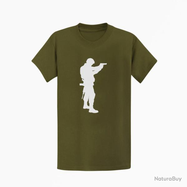 T shirt MILITAIRE Arme de poing Kaki Blanc