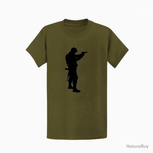T shirt MILITAIRE Arme de poing Kaki Noir