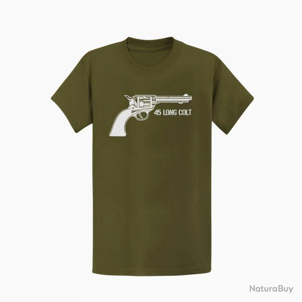 T shirt Armes Revolver Cowboy 45 Long Colt Kaki Blanc
