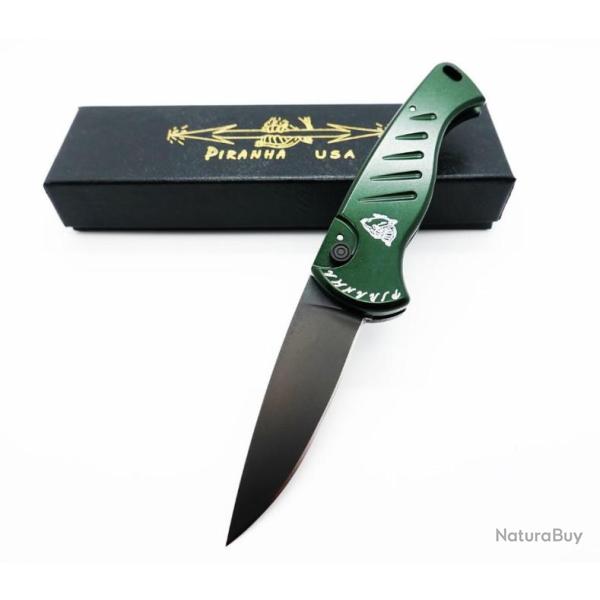 Couteau Automatique Piranha Fingerling Green Lame Acier 154CM Manche Alum Button Lock USA PKCP2GT