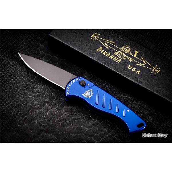Couteau Automatique Piranha Fingerling Blue Lame Acier 154Cm Manche Alum Button Lock USA PKCP2BT