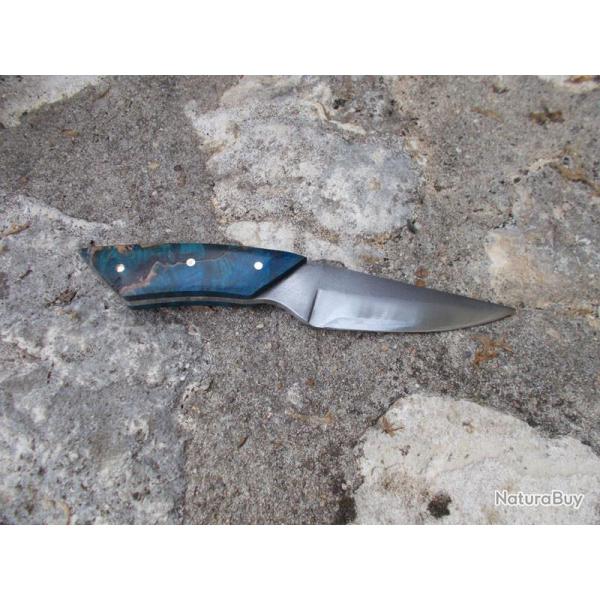 Couteau fixe Artisanal Le Garenne� Loupe d'�rable bleu Acier 5160 lame 12cm