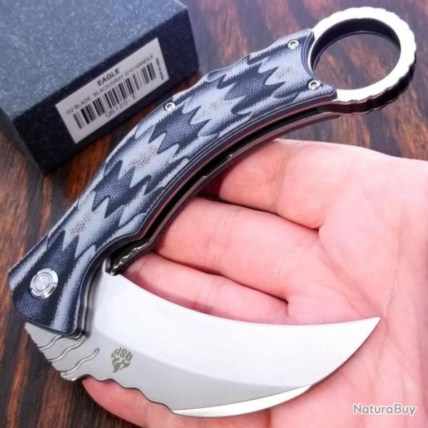 Couteau QSP Eagle Karambit Black/Gray Manche G-10 Lame Acier D2 IKBS Linerlock Clip QS120E