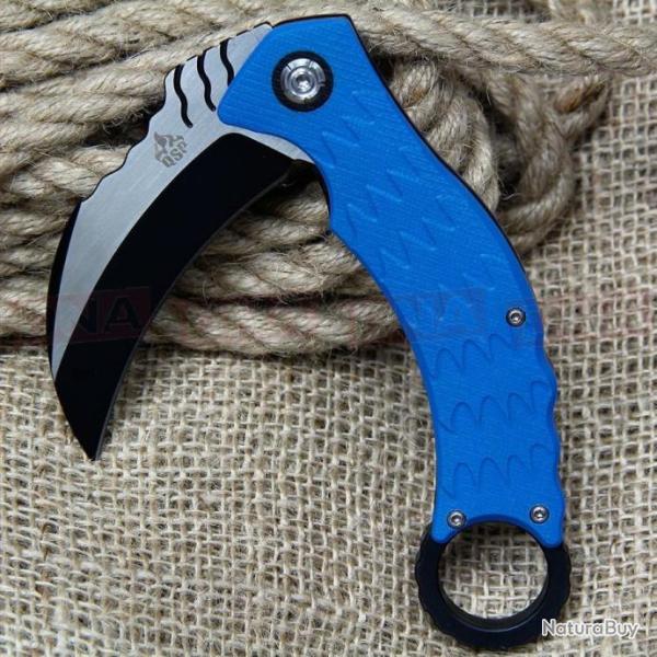 Couteau QSP Eagle Karambit Blue Manche G-10 Lame Acier D2 IKBS Linerlock Clip QS120D