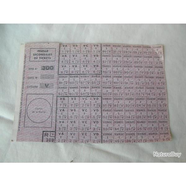 WW2/POSTWAR FRANCE TICKET DE RATIONNEMENT FEUILLE SECONDAIRE DE TICKET S�RIE 300 CAT�GORIE V