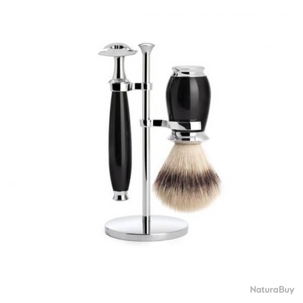 Set de rasage 3 pices scurit synthtique argent Muhle Purist noir
