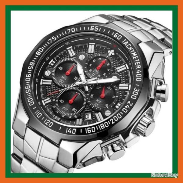 Montre homme sport chronographe avec grand cadran en acier inoxydable quartz - Livraison gratuite