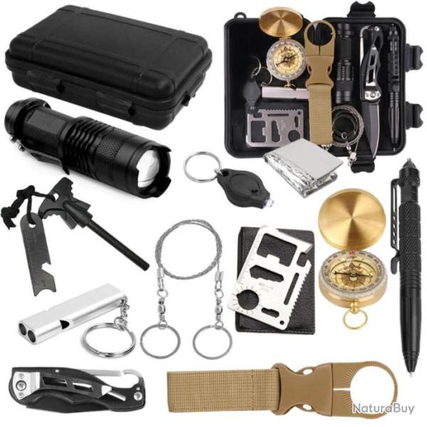 KIT DE SURVIE MILITAIRE DOMINATOR 12 EN 1 VOYAGE RANDONNE COUTEAU + ACCESSOIRES TACTIQUES