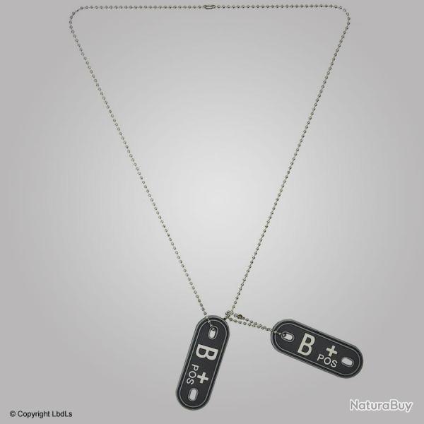 Dog tag groupe sanguin B positif PVC noir