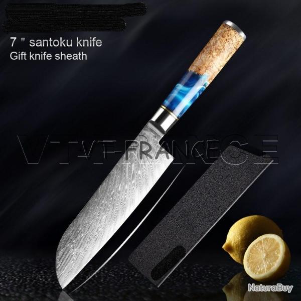 Couteau Cuisine Pro Lame Damas Japon 67 Couches-Santoku 33cm