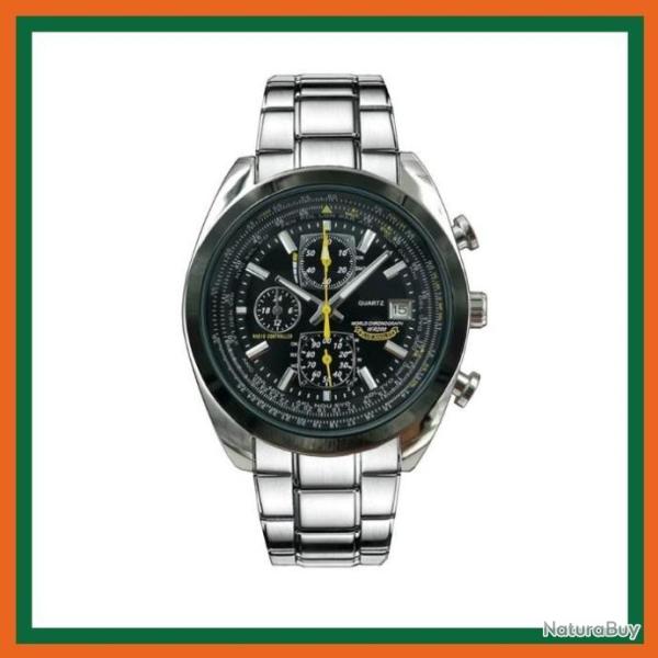 Montre � quartz avec bracelet en acier � six broches pour homme - Cadran noir - Livraison gratuite