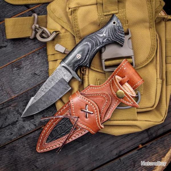 Couteau De Chasse Damas FH Knives Lame 288 Couches Manche Bois Etui Cuir FHKMLK004