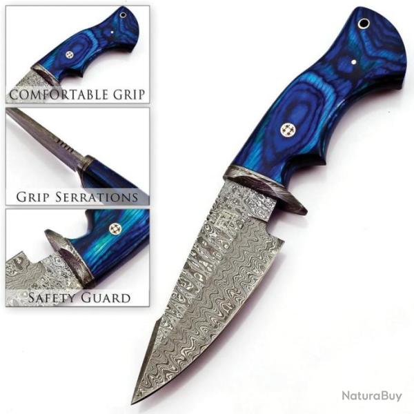 Couteau De Chasse Damas FH Knives Lame 288 Couches Manche Bleu Etui Cuir FHKMLK003